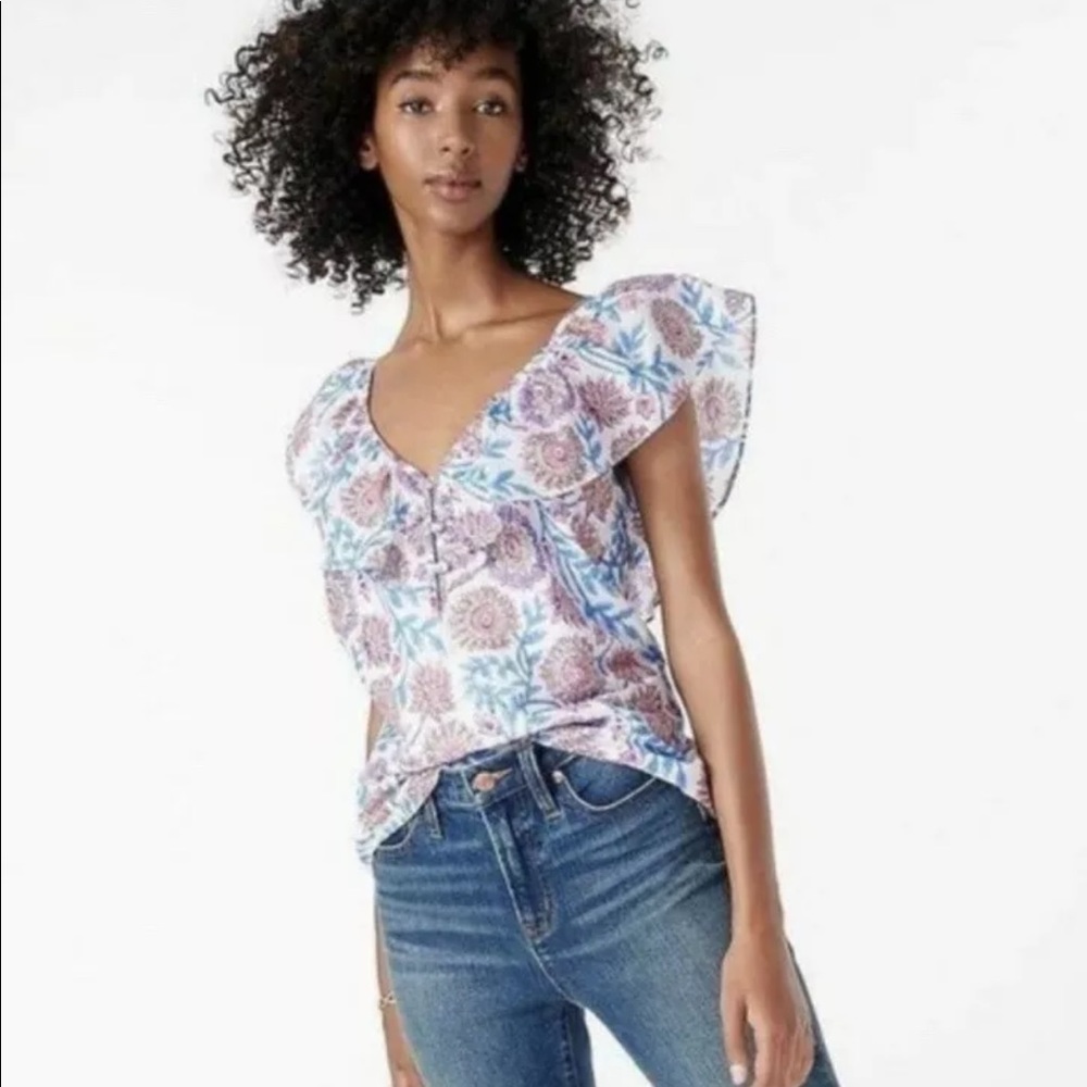 J. Crew Ruffle V-Neck Top in Floral Vine Print